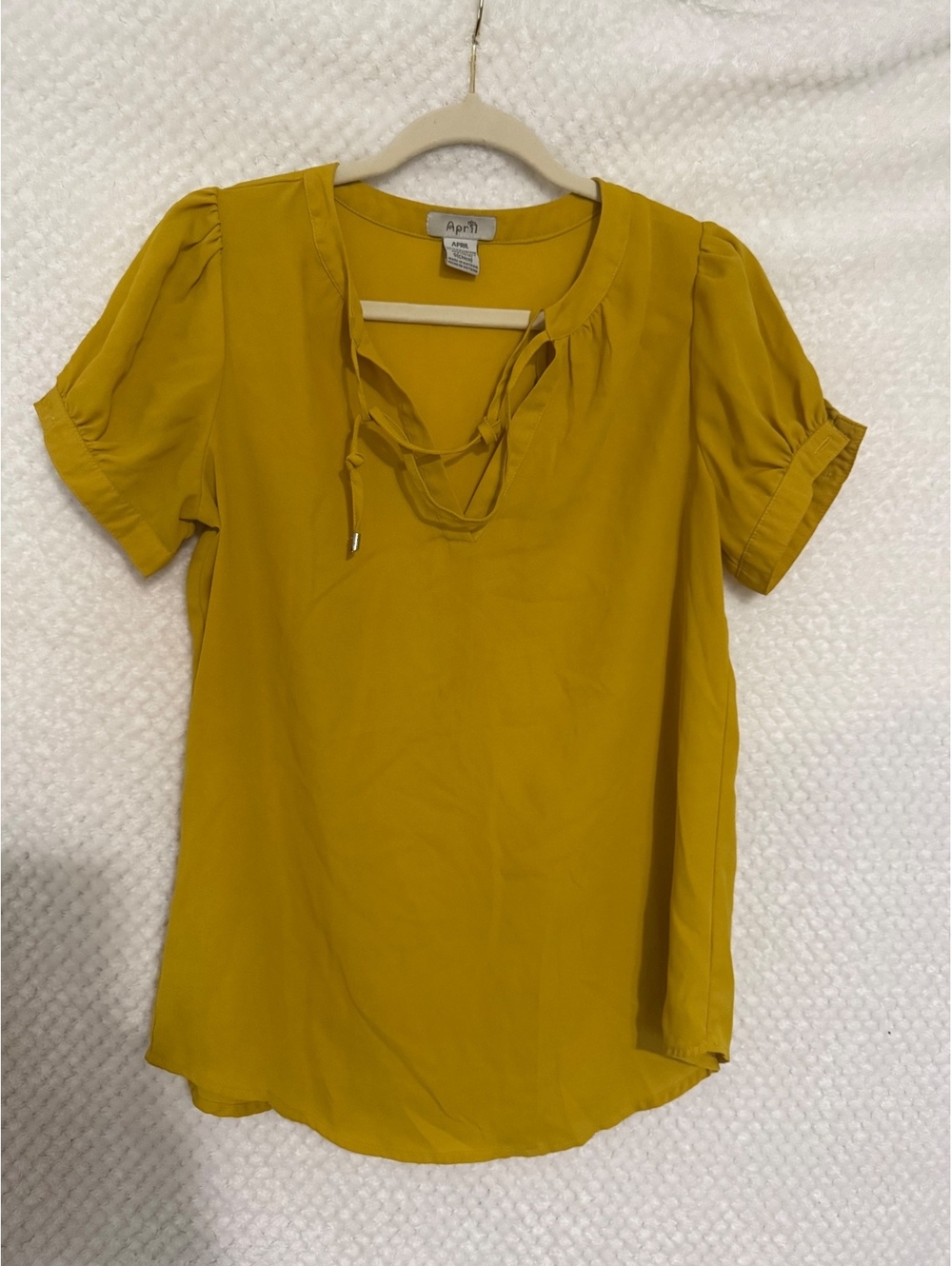 April Mustard Yellow Short Sleeve Blouse with Tie Neck
